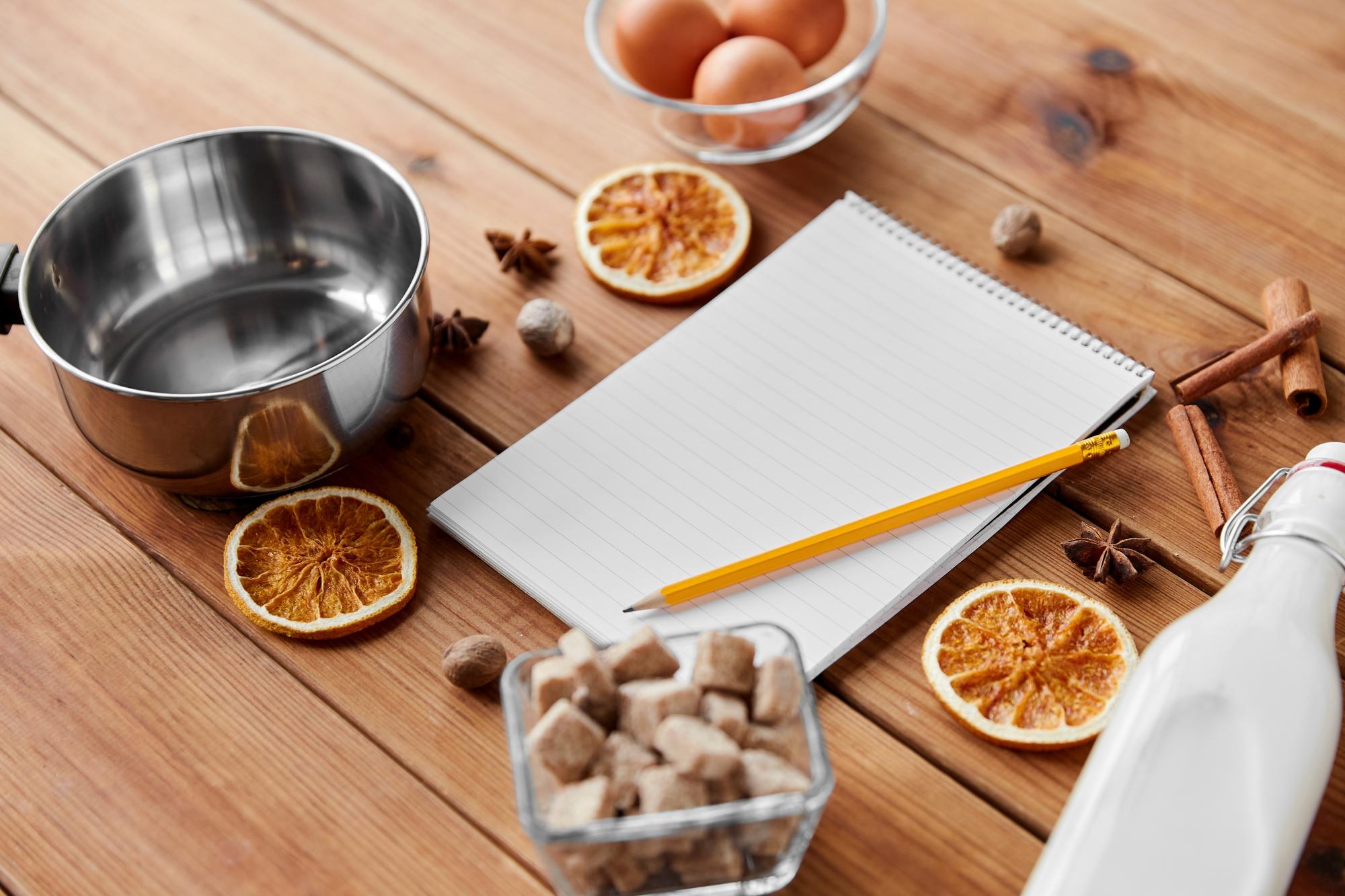 Workspace with curated ingredients and notes